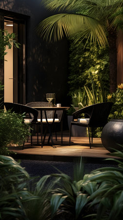 Garden furniture in the garden at night.の素材