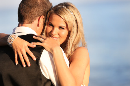 Happy bride and groom on their weddingの写真素材