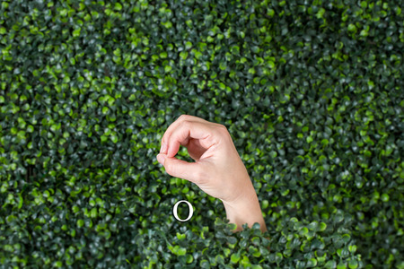 Sign Language Letter O made with hand against green plant background