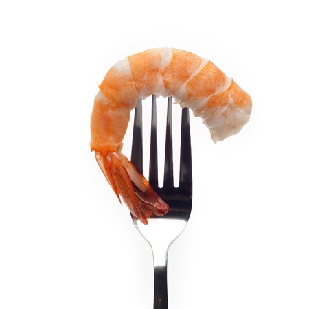 Shrimp with fork isolated on white backgroundの写真素材