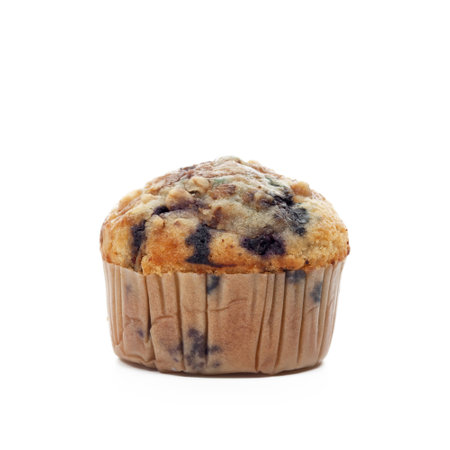 Blueberry muffin in paper baking cup isolated on white backgroundの写真素材