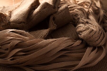 rope flax sack still life sackcloth background rustic flat layの写真素材