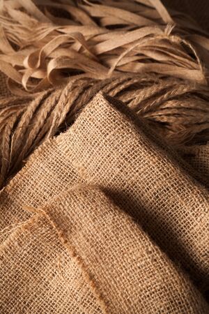 rope flax sack still life sackcloth background rustic flat layの写真素材