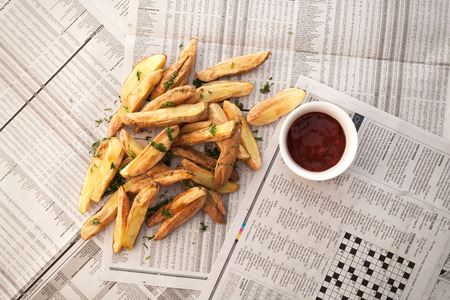 fries french ketchup herb still life salt junk fastfood background flat lay