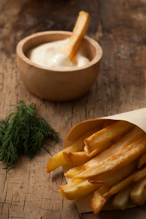 fries french sour cream still life rustic salt junk fastfood wood background