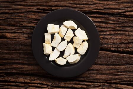 durian zibethinus king of fruit freeze dry on wooden background delicious dessert tasty snackの写真素材