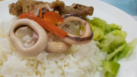 The close up of Taiwanese stir fried squid and stir fried vegetable with rice on white plate.の写真素材
