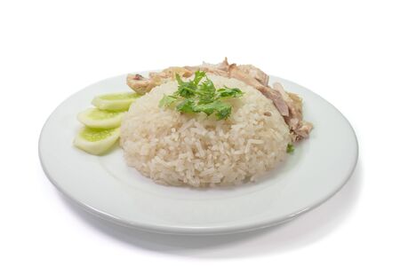 The close up of Thai chicken rice food on white plate on white background.の写真素材