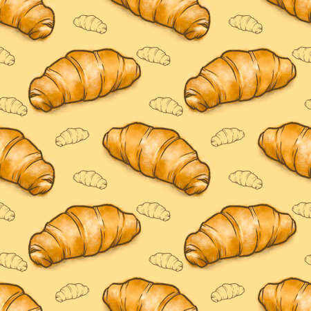 The digital painting of French croissant bread bakery seamless pattern background raster illustration.の写真素材