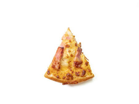 The close up of delicious sliced ham and cheese pizza fast food on white background.の写真素材
