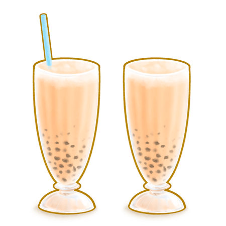 The digital painting of Taiwan original traditional bubble milk tea beverage, Taiwanese cold drink isometric icon raster illustration on white background.の写真素材