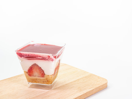 The close up of strawberry cheesecake in transparent plastic square shape cup on wooden plankの写真素材