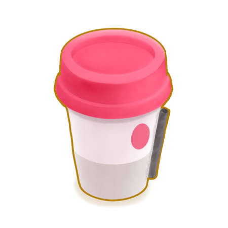 Cafe drink, a digital painting of pink paper cup of hot latte coffee for takeaway breakfast beverage isometric cartoon icon raster 3D illustration on white background.の写真素材