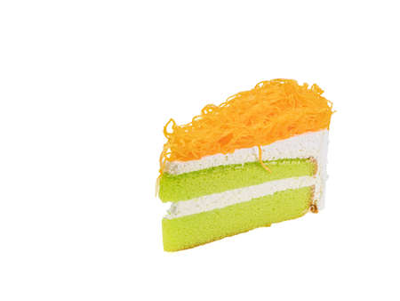Sweet egg floss cake, a close up of Thai homemade sliced creamy cake bakery isolated on white...