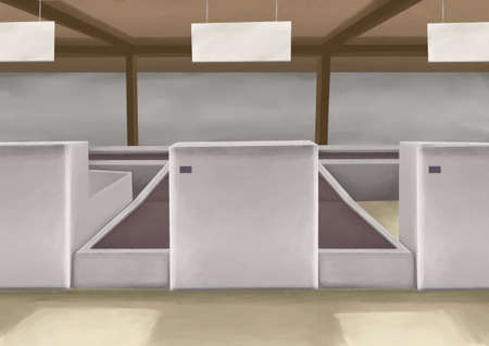 International airport check in counter, a digital painting of interior of check-in registration desk at departure terminal raster 3D illustration anime background.の写真素材