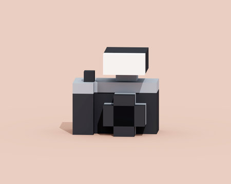 Digital camera, a digital art of mirrorless camera with flashlight in black & white retro style isometric voxel raster 3D illustration render on brown background.の写真素材