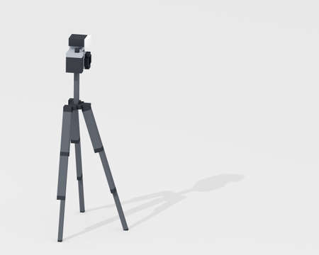 Digital camera, a digital art of mirrorless camera with flashlight and metal steel tripod in black & white retro style isometric voxel raster 3D illustration render on brown background.の写真素材