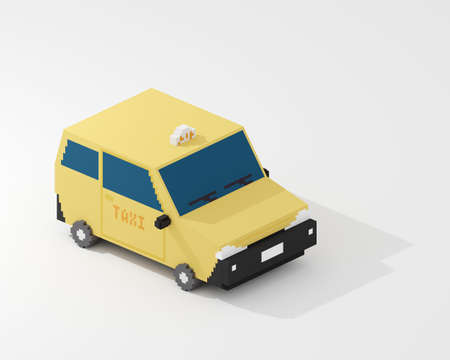 Yellow taxi, a digital art of public transportation car in Taipei, Taiwan isometric voxel raster 3D illustration render on white background.の写真素材