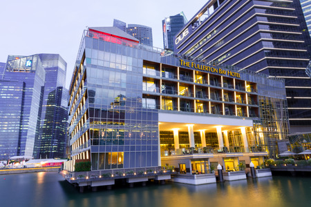 Singapore - May 30, 2015:  Twilight before sunset at Fullerton bay hotel a five-star luxury hotel by Forbes Travel Guide in 2014. Alongside spectacular views of the bay & Singapore skyline.のeditorial素材