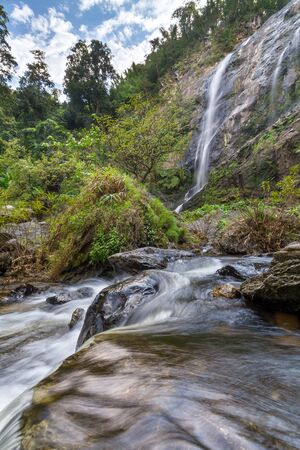 Waterfall in the forest and blue sky capture with long exposure