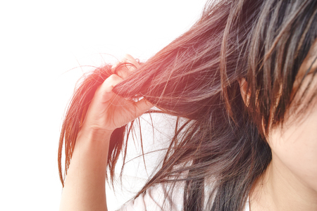 Combing with brush and pulls long hair. Daily preparation for looking nice, Long Disheveled Hair,Holding Messy Unbrushed Dry Hair In Hands. Hair Damage, Health And Beauty Concept.の写真素材