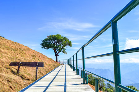 Scenic Mountain Viewpoint with Walkway and Blue Sky at Mae Hong Son, Thailandの写真素材