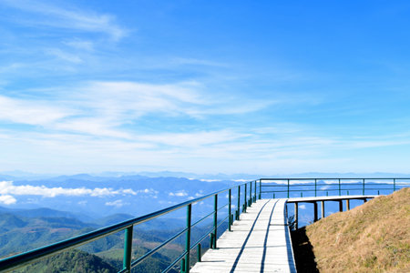 Scenic Mountain Viewpoint with Walkway and Blue Sky at Mae Hong Son, Thailand