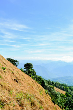 Bright Sun over Mountain Ridge with Layers of Blue Hills and Grassy Slopeの写真素材