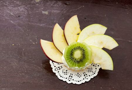 Fresh fruit tart on wooden backgroundの写真素材