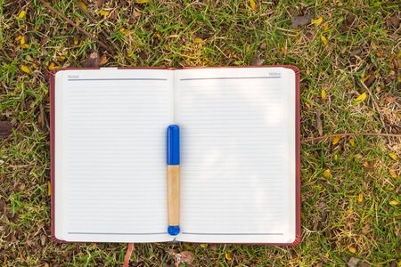 Blank notebook on the grass with blue pen in the park. View from aboveの写真素材