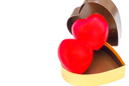 Red heart in box heart shape isolated white backgroundの写真素材