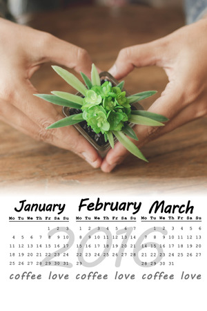 January, February, March, 2016 calendar with Coffee love background, weeks start from Mondayの写真素材
