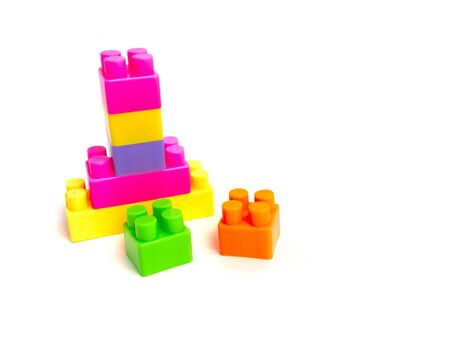 Colorful rainbow Building plastic toy Blocks, Toys blocks, Children's toys isolated on a white backgroundの写真素材