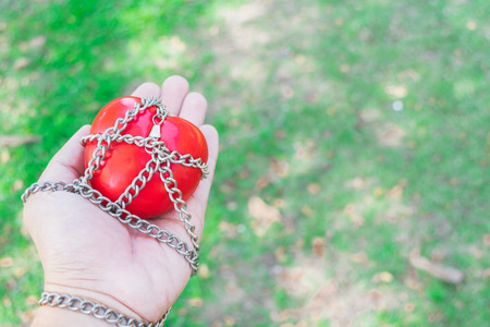 Red heart tied with chains, Valentine Concept.の写真素材