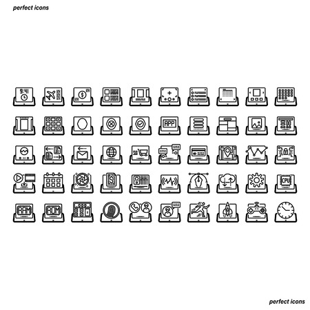 Tablet Application Outline Icons perfect pixel. Use for website, template,package, platform. Concept business object design.のイラスト素材