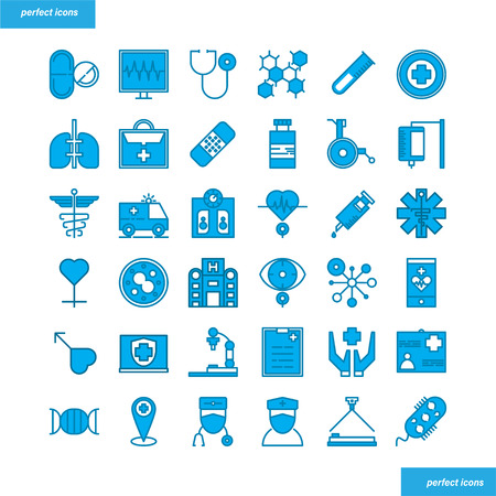 Medical and Healthcare Color Line Icons perfect pixel. Use for website, template,package, platform. Concept object UI,UX design.のイラスト素材