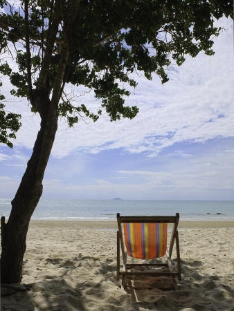sun beach chairs on shore near sea  Thailand の写真素材