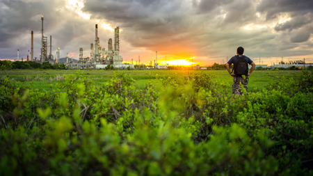 Oil refinery at sunrise の写真素材