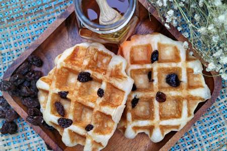 Raisin Waffle on wooden platesの写真素材