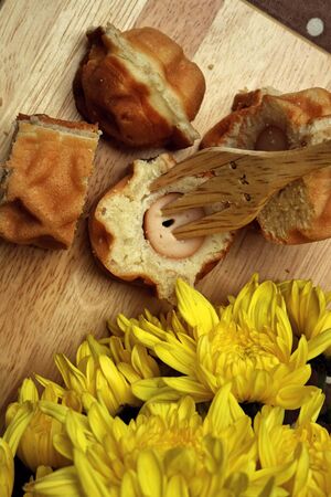 Waffle hotdog on wooden  platesの写真素材