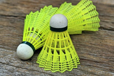 badminton nylon shuttlecock on the wooden floorの写真素材