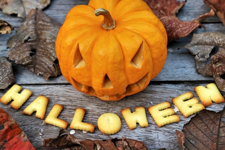 Halloween message design on wooden backgroundの写真素材