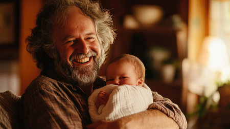 A senior man with a joyful smile, cuddling a baby in his arms, with a cozy indoor setting and warm tones.の素材