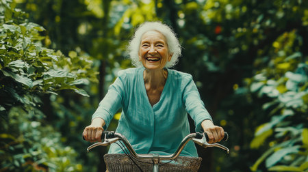 Radiant retired woman riding a bicycle in the park, her face lit with joy and surrounded by greenery.の素材