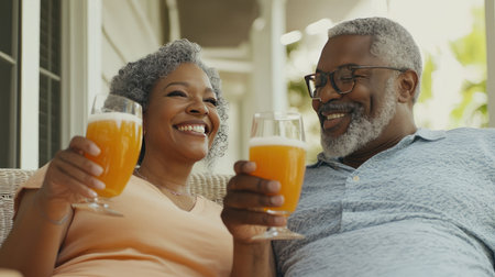 Cheerful retired couple clinking glasses of juice while sitting on a porch, enjoying their relaxed time together.の素材