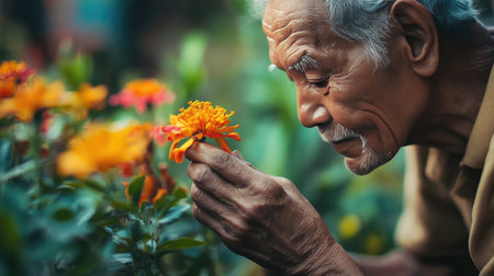 Close-up of an elderly man sitting alone in a garden, gently touching a blooming flower with a peaceful smile.の素材