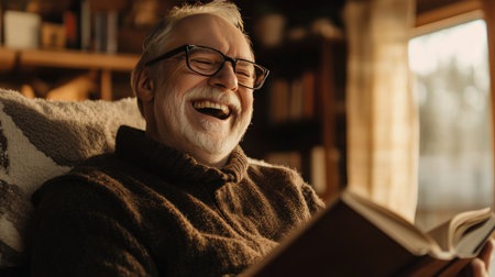 Close-up of a retired man laughing joyfully while reading a book, with cozy indoor lighting and a calm atmosphere.の素材