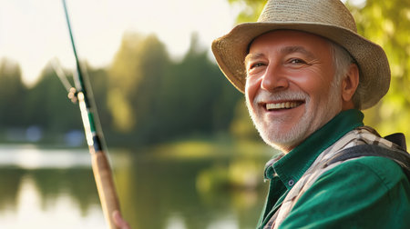Close-up of a happy senior man fishing at a lakeside, smiling proudly with a fishing rod in hand and serene water in the background.の素材