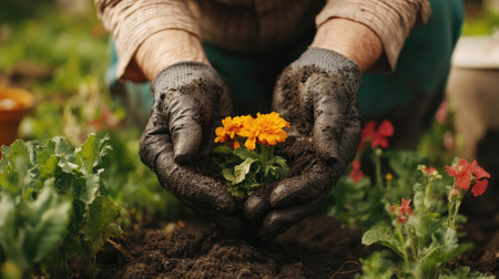 Close-up of a retired senior woman gardening, smiling brightly with dirt on her hands and flowers blooming around.の素材