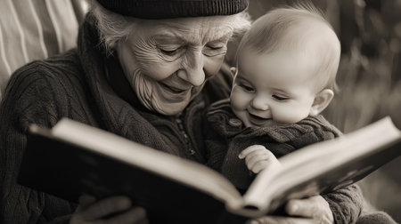 Close-up of an elderly woman reading a picture book to a baby on her lap, both fully engaged and smiling.の素材